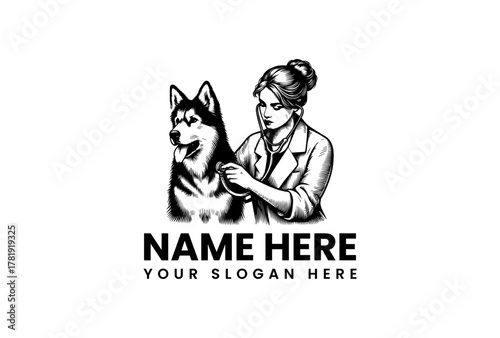 Veterinarian Examining Husky Logo Design for Pet Care Services