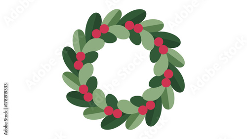 Festive Wreath: A classic circular wreath of lush green leaves adorned with vibrant red berries, evokes a sense of holiday charm and warmth.