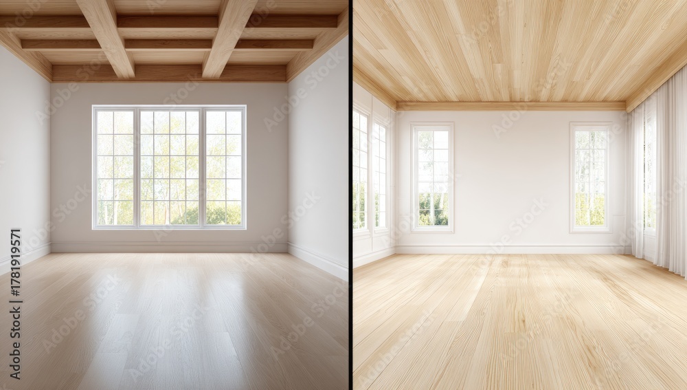 Fototapeta premium Empty room with wooden beams and large windows, showcasing a bright and airy interior design.