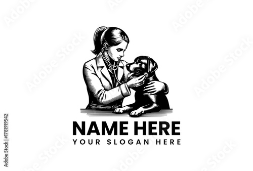 Professional female veterinarian provides a gentle health checkup for a calm Labrador retriever dog. A classic black and white drawing for animal care