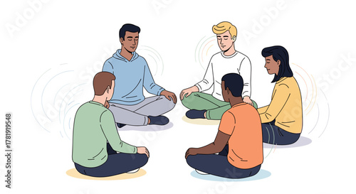 Group of diverse men meditating together on floor, white background