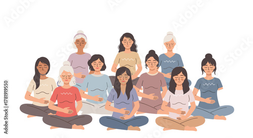Group of diverse women practicing deep breathing, white background