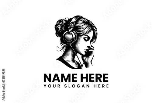 Elegant illustration of a woman with headphones, perfect for music lovers, audio brands, and creative studios