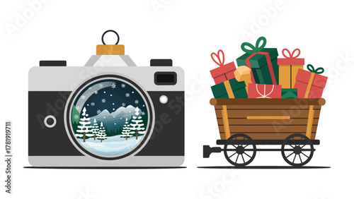 Christmas Camera and Gift Carriage: A festive arrangement showcasing a stylized camera-shaped ornament with a snowy winter scene, paired with a wooden carriage laden with colorful wrapped gifts.