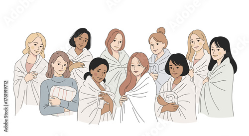 Group of diverse women wrapped in blankets, white background