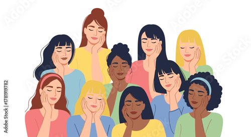 Group of diverse women gently touching faces, white background