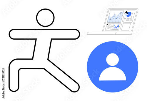 Stylized figure in yoga pose beside user identification and analytics data chart. Ideal for wellness, productivity, health tracking, personal growth, online platforms, fitness, simple flat metaphor