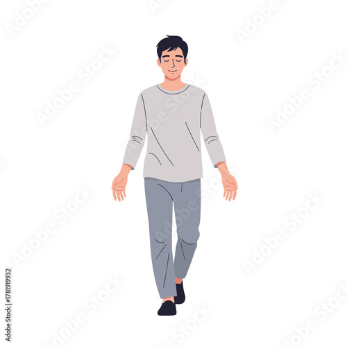 Man walking slowly with calm expression, white background