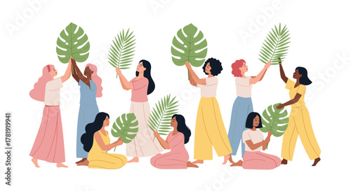 Group of diverse women holding and touching tropical leaves, white background
