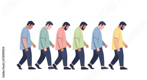 Group of men walking slowly with heads down, white background