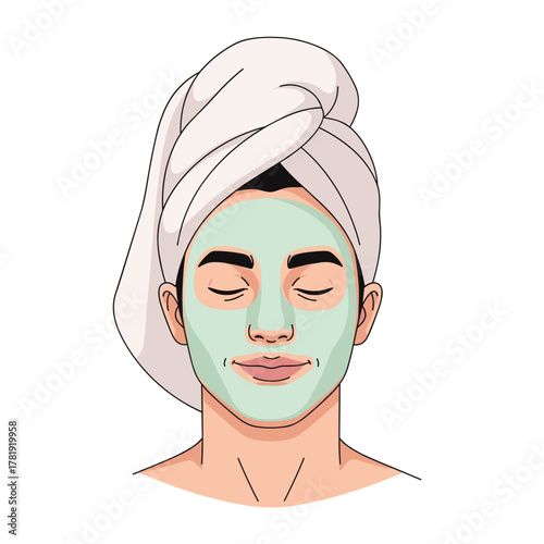Man enjoying home spa with facial mask and towel wrap, white background