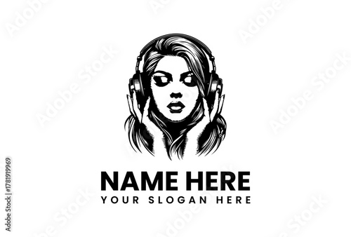 Hand-drawn vintage-style illustration of a woman wearing headphones, an elegant mascot for a music or DJ logo. 39