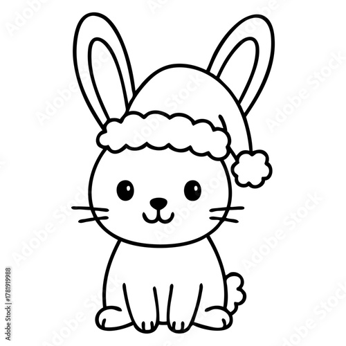 Dibujo sencillo con líneas de conejo simpático con sombrero de Santa Claus para tarjetas y felicitaciones de Navidad