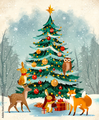 Woodland Animals Gathering Around a Decorated Pine Tree to Celebrate Christmas in a Vintage Winter Forest