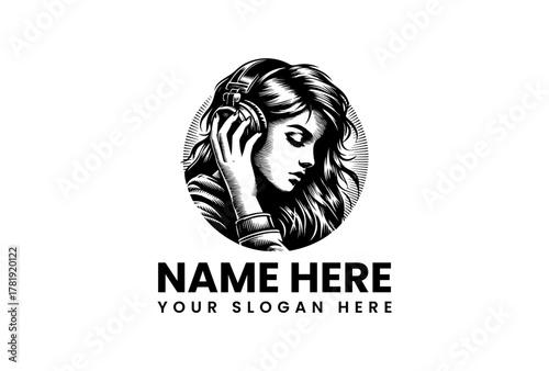 Logo Design Featuring a Woman Wearing Headphones, Ready for Your Brand Name and Slogan