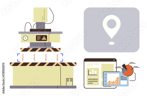 Industrial equipment with warning icons, geolocation marker, and analytics dashboard featuring charts and graphs. Ideal for technology, manufacturing, data tracking, safety, industry, monitoring