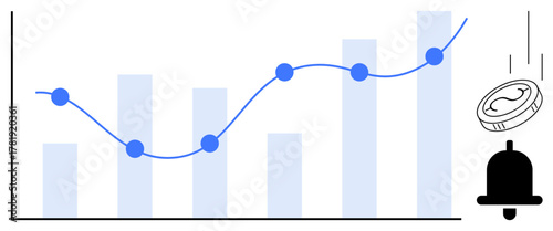 Bar and line graph illustrates financial trends or performance. Coin drop signifies earning or profit, bell suggests notifications. Ideal for finance, data, marketing, investment, alerts, statistics