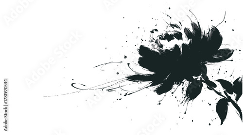 Black ink peony painting – traditional Asian sumi-e flower art with expressive brush strokes