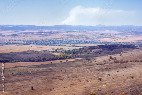Beauty aerial view of Bulgarian landscape with small village background