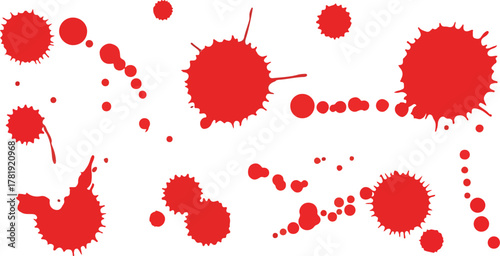 Red splatter pattern with varioussized drops on a white backdrop