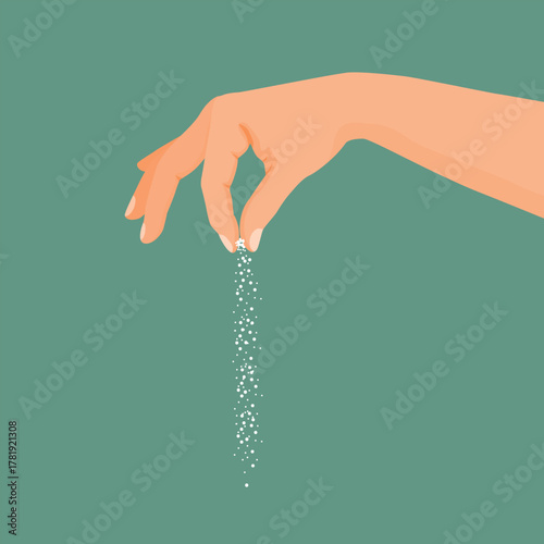 Hand pinching salt, sugar or sprinkle spices, seasoning gesture
