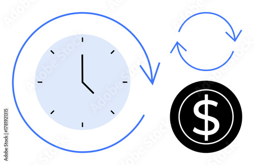 Clock with arrows and dollar coin representing time management, financial efficiency, productivity, business, investment, planning, and resource optimization. Ideal for time-value correlation