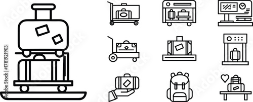 Luggage scanner icon, suitcase trolley, baggage check-in counter, online baggage tracking, conveyor belt luggage, backpack silhouette, travel security illustration, lost and found