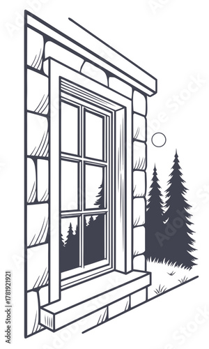 A detailed black and white illustration of a window on a stone building, with pine trees and a moon visible outside.