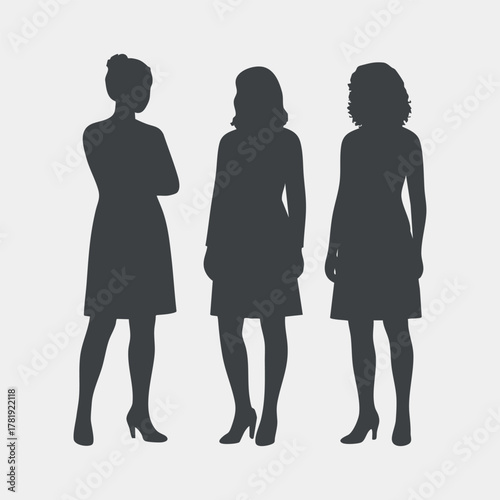 Three Female Silhouettes Standing in Dresses People Vector Illustration