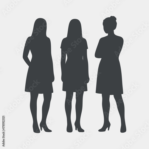 Three Female Silhouettes in Dresses People Vector Illustration