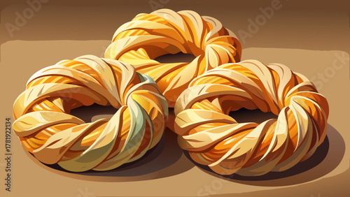 Very beautiful close-up of curd custard rings wrapped in decorative paper, with soft texture, subtle shadows, and warm natural light creating a realistic and inviting dessert presentation.