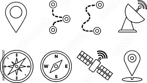 Black silhouette navigation icons set with location pins, routes, compass rose, satellite GPS communication, geolocation mapping vector illustration symbols