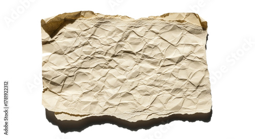 A crumpled piece of aged parchment paper with torn edges casting a subtle shadow on a white background, perfect for vintage or historical design elements