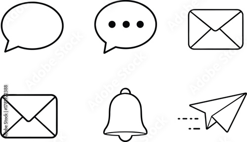Black silhouette communication icons set with speech bubbles, email envelopes, notification bell, paper airplane send message, digital interface vector illustration