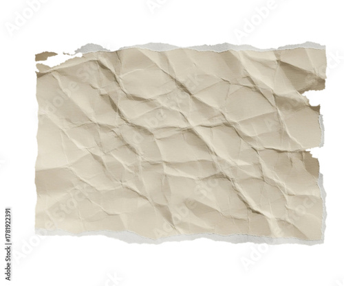 A crumpled and torn piece of beige paper with a textured surface, isolated on a white background