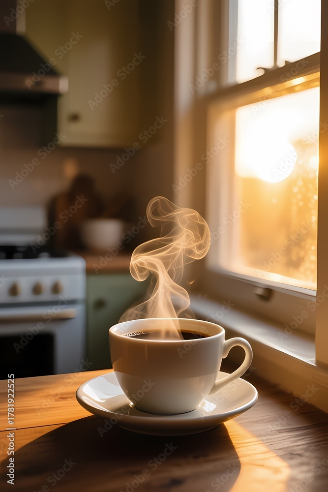 Obraz premium Steaming Coffee Cup at Golden Hour with Analog Film Grain.