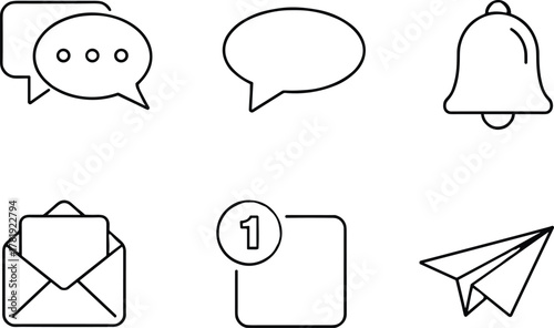 Modern black silhouette icons set of chat bubbles, notifications, email envelope, paper airplane send message, communication interface symbols
