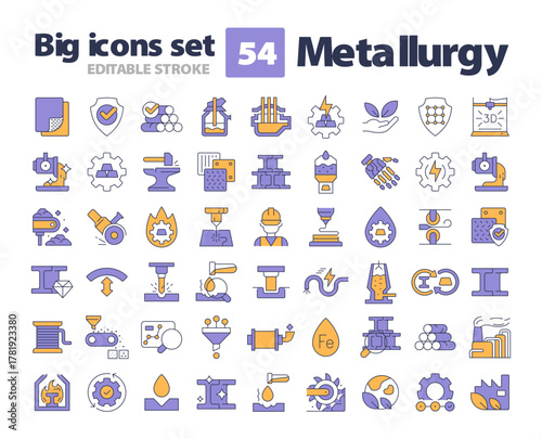 Metallurgy line color icons set. Science about metal properties. Steelmaking technology development. Heavy industry. Vector illustrations. Simple flat colorful symbols collection. Editable stroke