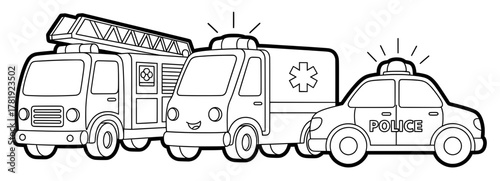 Coloring page featuring three emergency vehicles including a fire truck, ambulance, and police car, designed for children to engage in creative holiday-themed activities