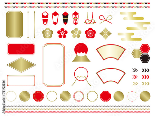 年賀状や正月のデザインに使える装飾のベクターグラフィック要素のコレクション。日本的なフレーム、ラベル、ボーダー、区切り線。