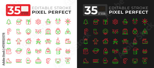 Merry Christmas colorful line ui icons set for light and dark mode. Winter season festive traditions. Happy family holiday. Vector duotone linear symbols pack. User interface elements, pixel perfect