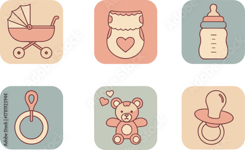 Baby stroller icon, diaper symbol, baby bottle illustration, rattle toy design, teddy bear graphic, pacifier vector, childcare essentials, pastel background