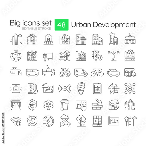 Urban development line icons set. Urbanization strategy integration. Smart city trends. Innovation management. Isolated vector outline illustrations. Thin lineart iconset symbols. Editable stroke