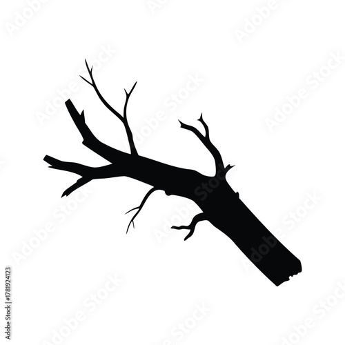 Silhouette of a fallen tree trunk with bare branches against white background, dead thick branch silhouette vector illustration