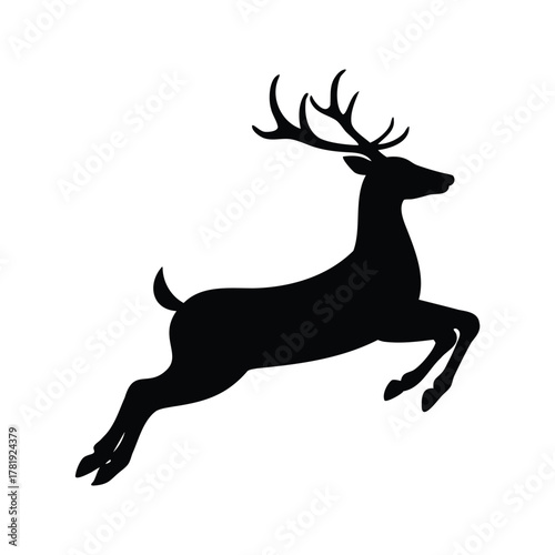 Elegant silhouette of a reindeer leaping gracefully across a snowy landscape, deer jumping silhouette vector illustration
