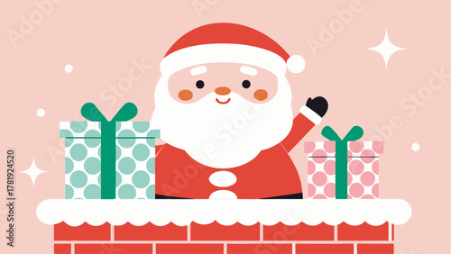 Cheerful Santa Claus delivering Christmas gifts down the chimney, spreading holiday joy and festive cheer, perfect for seasonal greetings