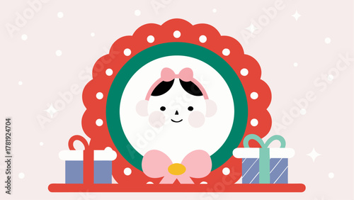 Festive holiday illustration with cute girl in wreath and gift boxes, perfect for Christmas cards and seasonal greetings in a modern, elegant style