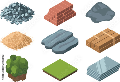 Set of Isometric Building Materials and Natural Resources Icons