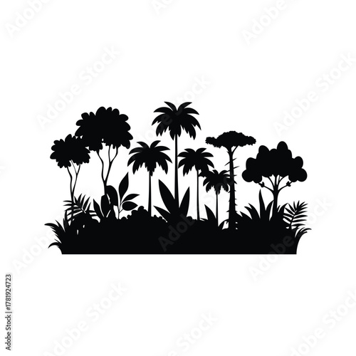 Black silhouette of various tropical trees and plants on white background, dense forest silhouette vector illustration