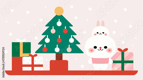 Adorable cartoon bunny celebrating Christmas with gifts and a decorated tree, perfect for festive holiday projects and cute seasonal designs, originally a vector